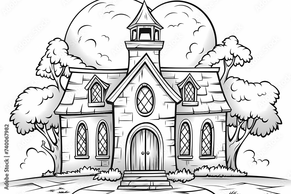 printable picture, coloring book with cozy buildings
