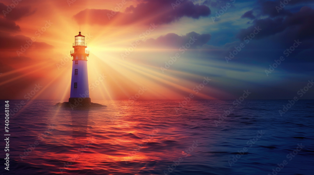 a large lonely lighthouse with glowing rays in the middle of the sea illuminates the path, sunrise, orange light against the background of a dark sky, day and night