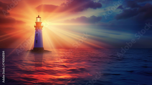 a large lonely lighthouse with glowing rays in the middle of the sea illuminates the path, sunrise, orange light against the background of a dark sky, day and night