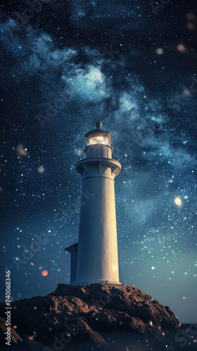 lighthouse glowing against the background of the night starry sky, view from below