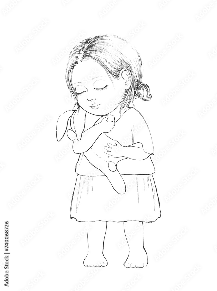 Linear cute sketch cartoon baby girl with toy hare isolated on white background. Graphic hand drawn illustration sketch Linear cute sketch cartoon baby girl with toy hare isolated on white background. Graphic hand drawn illustration sketch
