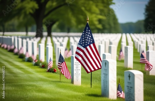 US Flag at Military Cemetery on Veterans Day or Memorial Day. Concept National holidays, Flag Day, Veterans Day, Memorial Day, Independence Day, Patriot Day