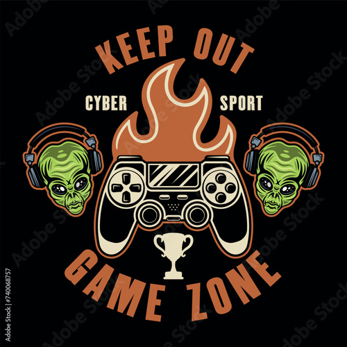 Keep out game zone vector sign with alien head in headphones and gamepad in colored style on dark background
