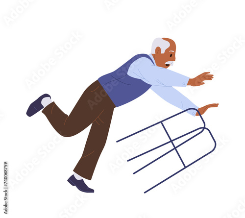 Aged senior man cartoon character with walkers falling down vector illustration isolated on white