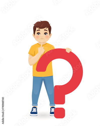 Cute kid boy thinking standing behind question mark isolated vector illustration