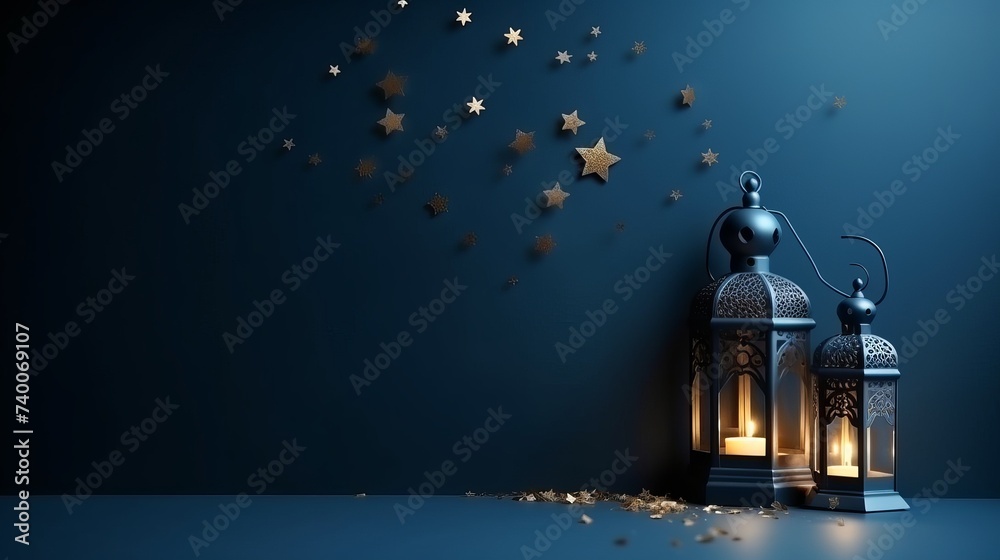 Ramadan Kareem background banner. Islamic Greeting Cards for Muslim Holidays and Ramadan. Blue banner with moon and lantern Ramadan Kareem background banner. Islamic Greeting Cards for Muslim Holidays and Ramadan. Blue banner with moon and lantern