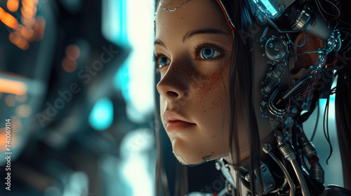 close-up, robot girl, cyber, mechanical parts of a helmet on her head, looking to the side with a serious and sad expression on her face, freckles, blue eyes