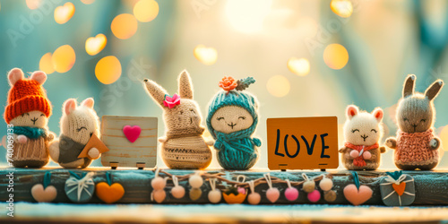 Cuddly creative funny creatures crafting handmade gifts, with blank signboards "LOVE" to help communicate the messages.