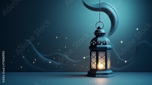 Ramadan Kareem background banner. Islamic Greeting Cards for Muslim Holidays and Ramadan. Blue banner with moon and lantern photo