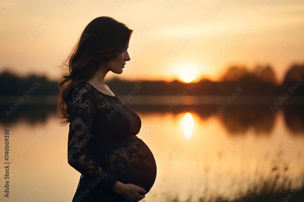Generative ai image picture of adorable charming pregnant young woman mommy enjoy romantic sunset