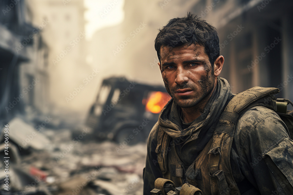 Obraz premium AI generated image photo of a professional rescuer against ruined city damaged buildings background