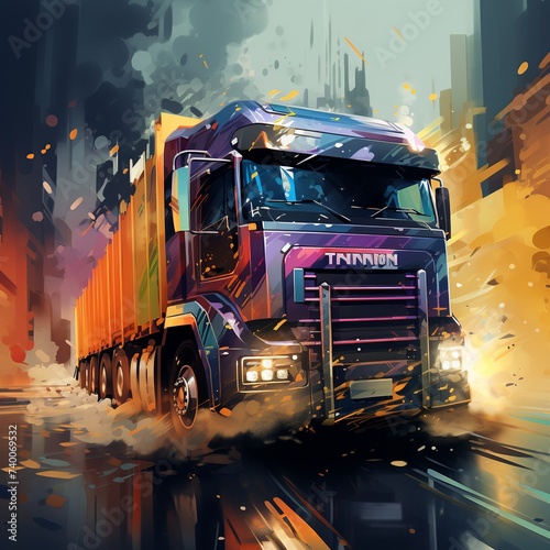 vector illustration of a painting of a high-tech truck passing on the highway
