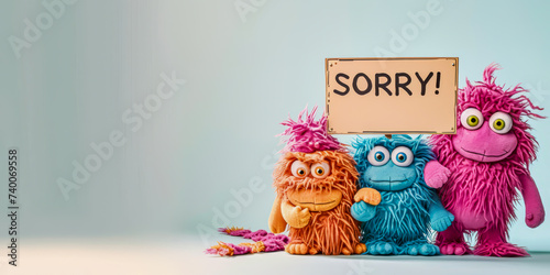 Cuddly extrange funny criatures , with blank signboards "SORRY!" to help to communicate the messages, copy space,