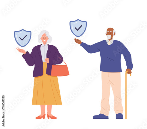 Elderly people insurance set with happy senior man and aged woman holding protective shield