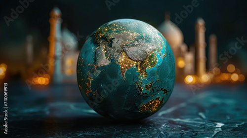 planet earth, round globe, glowing lights on the continents, blurred background without bokeh mosque, Islamic Muslim culture, Ramadan