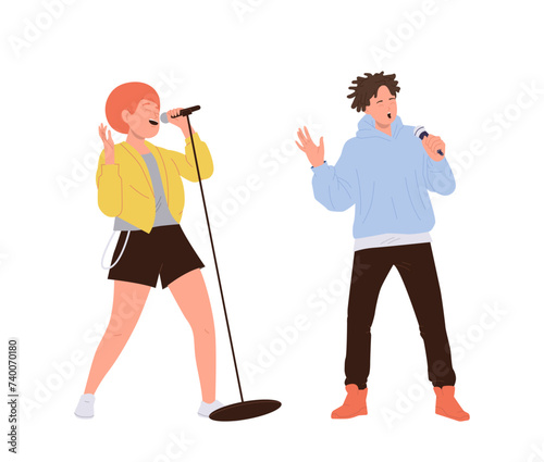 Man and woman music band vocalist or karaoke singer cartoon characters isolated on white background