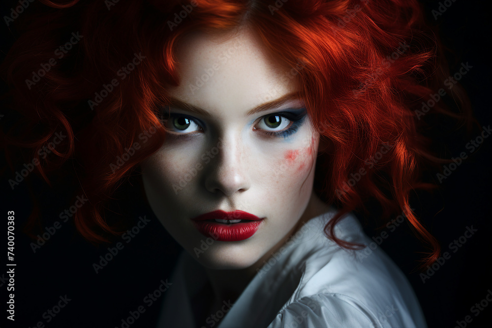 Scary circus worker with frightening facial make up Generative IA picture Scary circus worker with frightening facial make up Generative IA picture