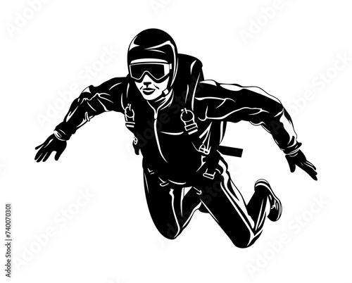 Skydiver jumps out of a plane in free fall before he opens his parachute, black vector design
