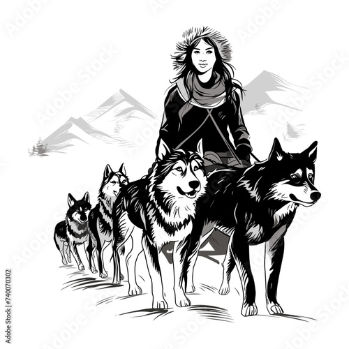 Drawing of a Inuit girl wearing thick and warm clothes, along with her sled dogs , vector design isolated against white background 