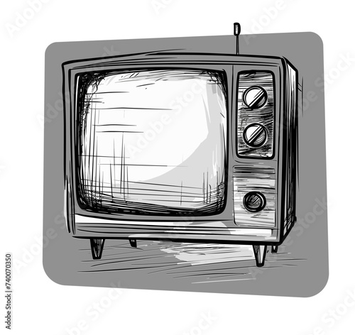 A detailed drawing portraying an old television, depicted on a plain white background.,vector design, again white background 