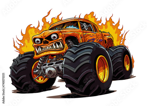 Flaming Monster Truck from Behind – High-Speed Cartoon Vector Illustration with Fiery Tires ¥¥