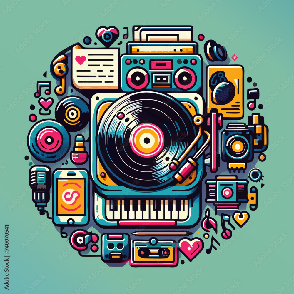 Fototapeta premium Colorful Illustration of a Record Player Among Various Objects, vector design