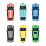 Top view of city cars isolated on white background. Flat city vehicle transport collection. Urban traffic, automobile transportation. Vector stock