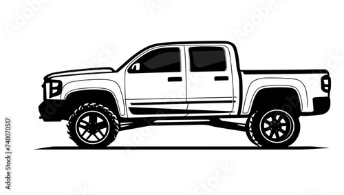 Suv pickup truck, simple black and white line art, on white background ¥