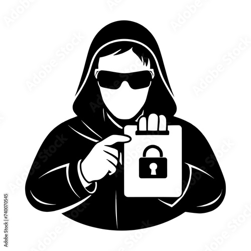 Mysterious man in black hoodie and sunglasses, hand pointing to a lock, Computer hacker, Security, safety, protection concept