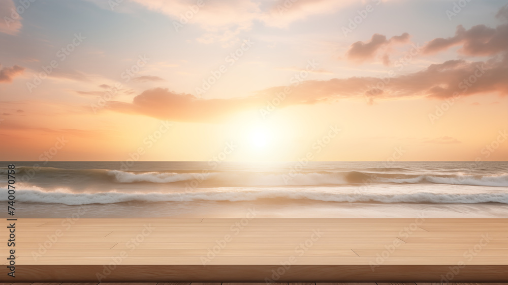 beautiful sunset over a sandy beach and ocean, wood podium, clean blank stage, product display montage - obrazy, fototapety, plakaty 