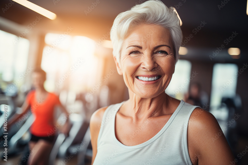 Elderly people pensioners working out in modern interior big spacious gym Generative AI illustration