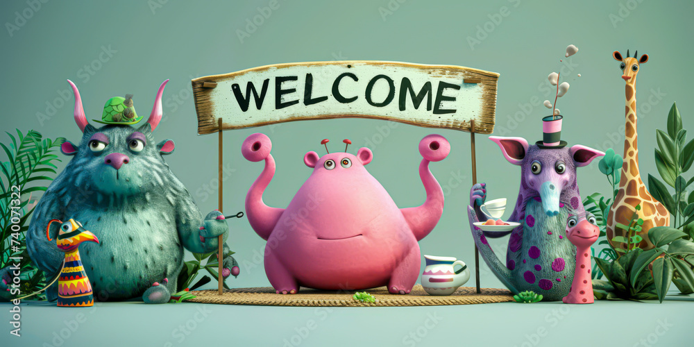 Cuddly friendly funny creatures hosting a tea party, with blank signboards "WELCOME" to help communicate the messages. - obrazy, fototapety, plakaty 