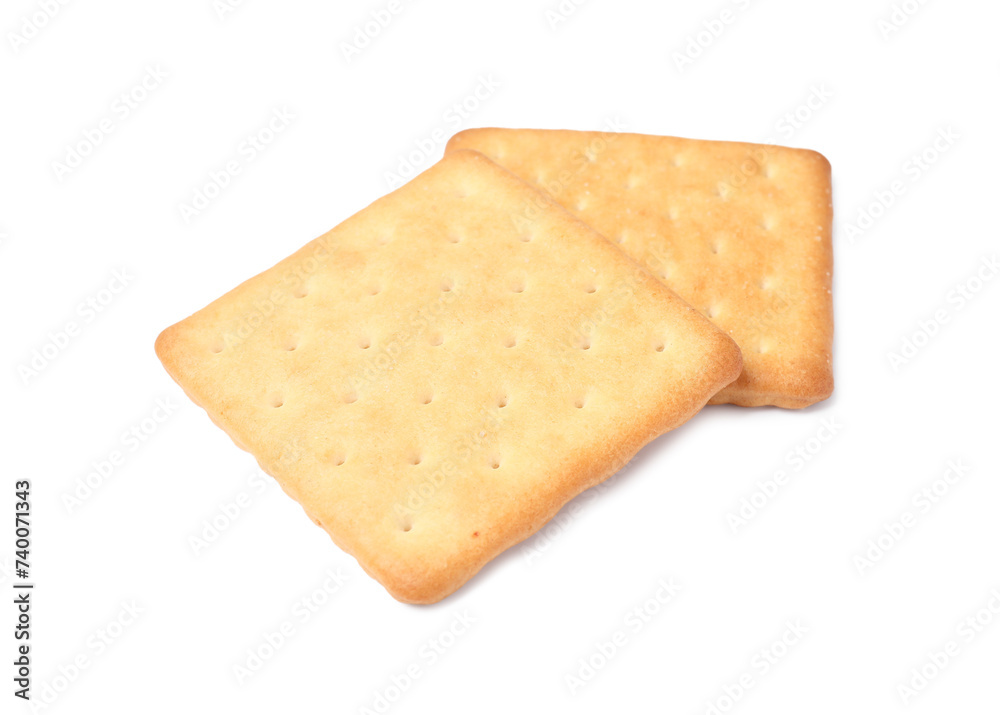Two crispy crackers isolated on white. Delicious snack Two crispy crackers isolated on white. Delicious snack
