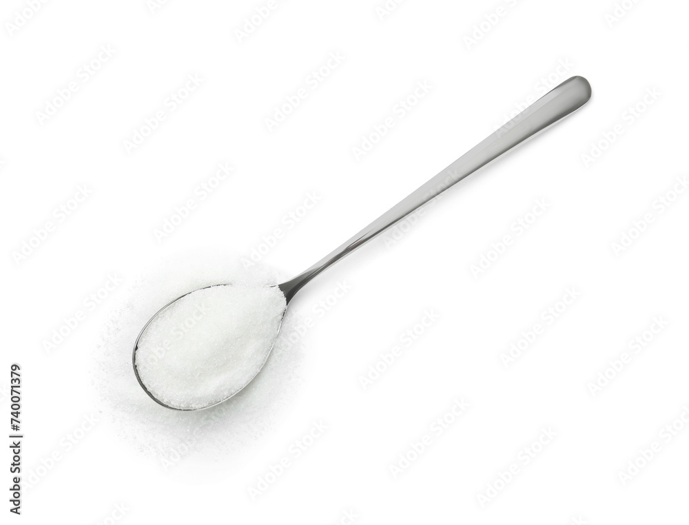 Spoon with granulated sugar isolated on white, top view Spoon with granulated sugar isolated on white, top view