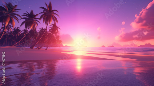 beautiful holographic sunset over a sandy beach with coconut and ocean, clean blank stage, product display montage © GoonDuLagoon