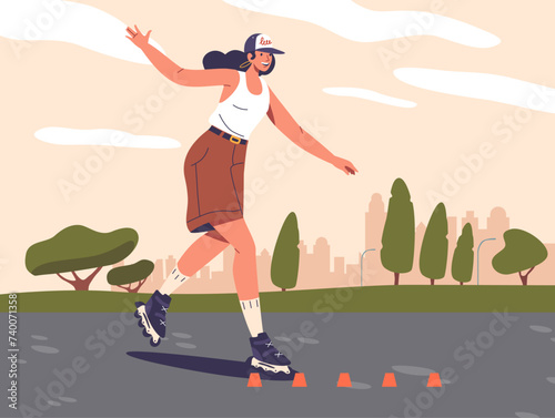 Graceful Teen Girl Glides Through The Park On Roller Skates, Weaving Between Cones With Effortless Skill On Sunny Day