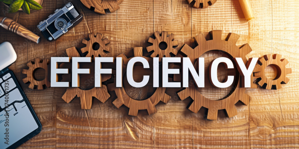 "EFFICIENCY" written in wooden gears , PRODUCTIVITY concept - obrazy, fototapety, plakaty 