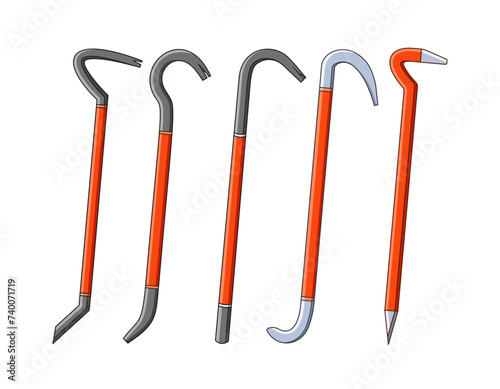Crowbars, Isolated Vector Sturdy Hand Tools With A Flat, Prying End And A Curved, Forked End. They Used For Leverage photo
