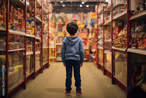 Generative AI photo of adorable little child in a toy store