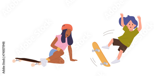 Little children cartoon characters falling down while riding skateboard isolated vector illustration