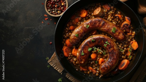 Chipolata sausages cooked with lentils and carrots. Generative AI
