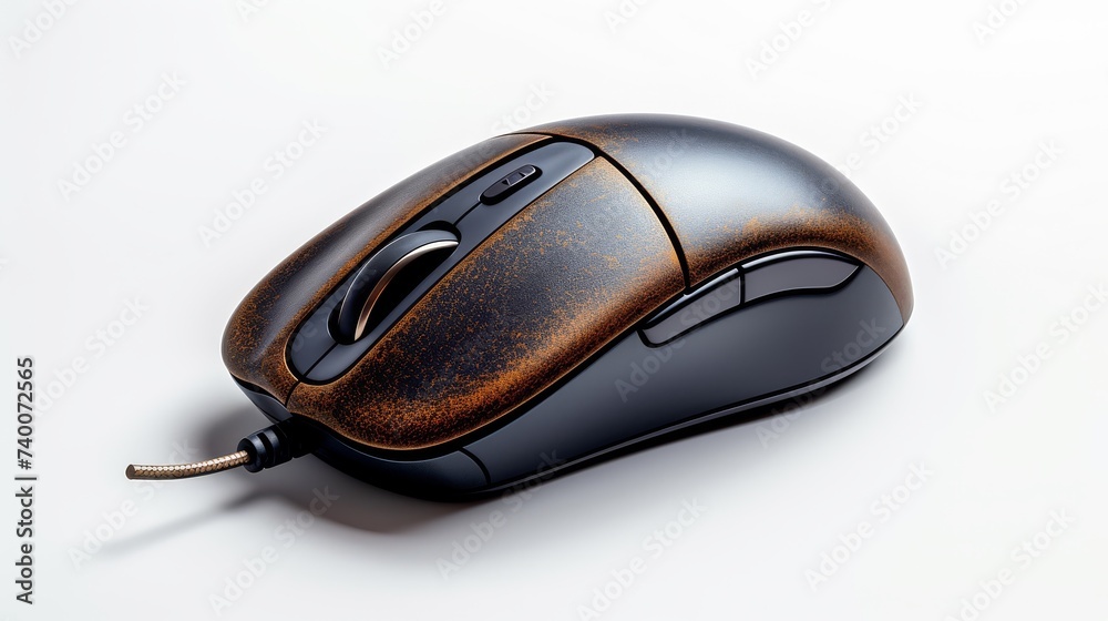 A rustic-looking wired computer mouse on a clean background. A rustic-looking wired computer mouse on a clean background.