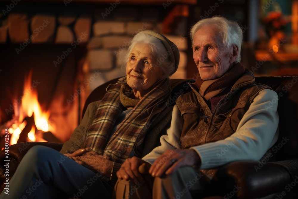 Senior couple sitting together with a warm blanket by the fireplace.