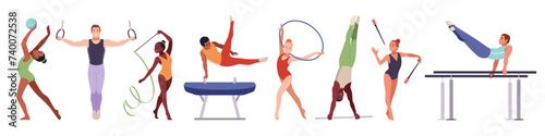 Rhythmic gymnasts. Professional athletes, young sports and artistic acrobats, strength, flexibility, man and woman with ribbons, balls and rings, cartoon flat isolated tidy vector set
