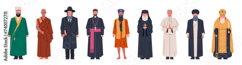 Religion characters. Clergymen from different confessions in special attire, christian and muslim, islam and buddhism. Traditional clothes, cartoon flat style isolated nowaday vector set