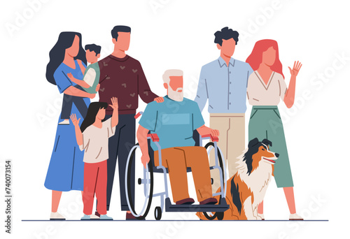 People with disabled family member. Grandpa in wheelchair, people group, parents and children, different generations. Paralyzed man cartoon flat isolated illustration, nowaday vector concept