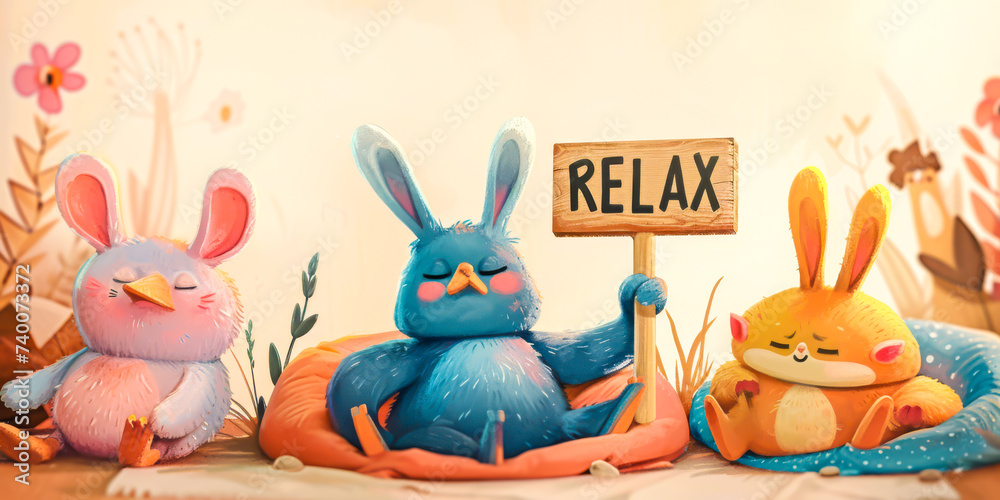 Cuddly sleepy funny creatures enjoying a lazy Sunday, with blank signboards "RELAX" to help communicate the messages. - obrazy, fototapety, plakaty 