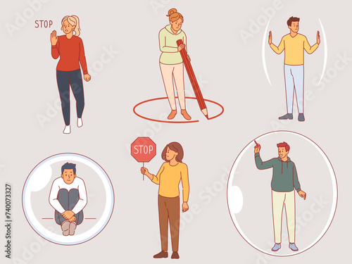 People personal boundaries. Social interaction, men and women outline framework, individual spaces, keeping your distance, boy in soap bubble, cartoon flat style isolated vector set