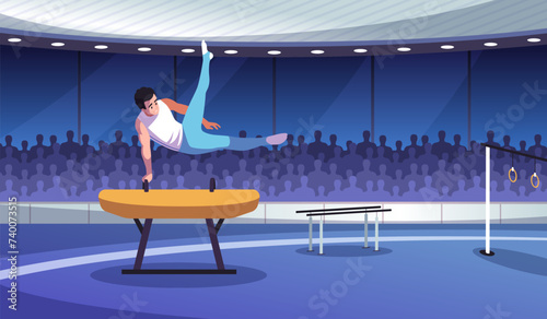 Male sports gymnast performance. Professional athlete in sports competitions, young man on pommel horse performs tricks, circus show, cartoon flat style isolated tidy vector concept