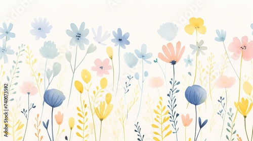 Watercolour floral pattern, delicate flowers, yellow, blue and pink flowers, cute colorful floral abstract print